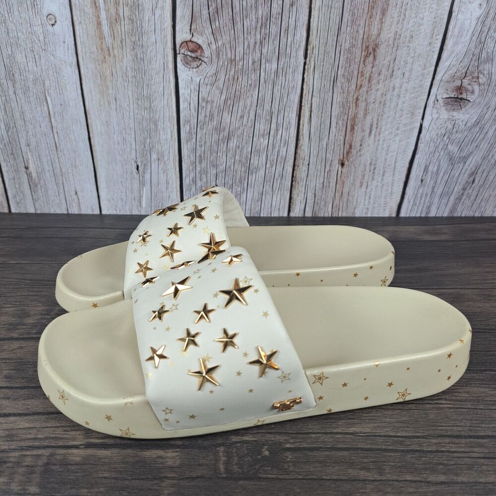 Tory Burch Nappa Leather Embellished Gold Star Slides Women's Sz 7 M Cream Gold